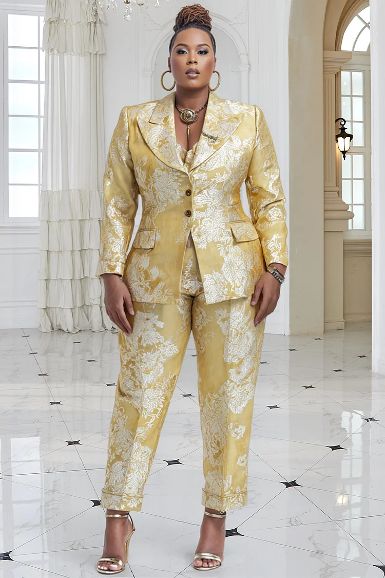 Xpluswear Design Plus Size Formal Yellow Graphic Lapel Collar Long Sleeve Two Piece Pant Suits [Pre-Order] 2024 - Xpluswear