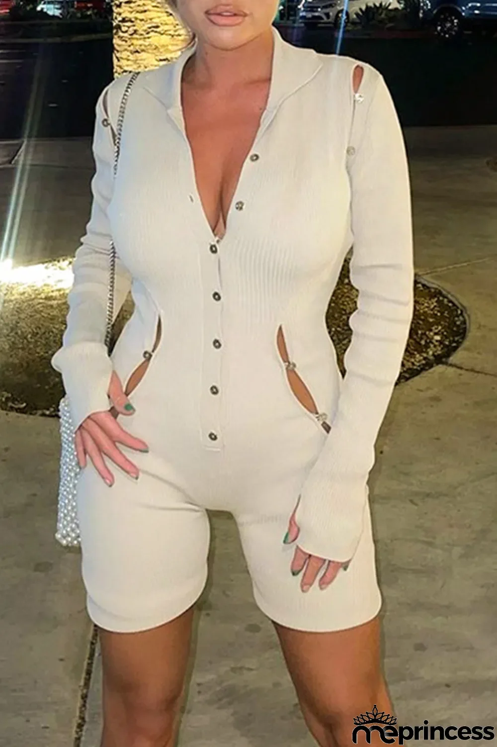 Light Apricot Sexy Solid Hollowed Out V Neck Skinny Jumpsuits
