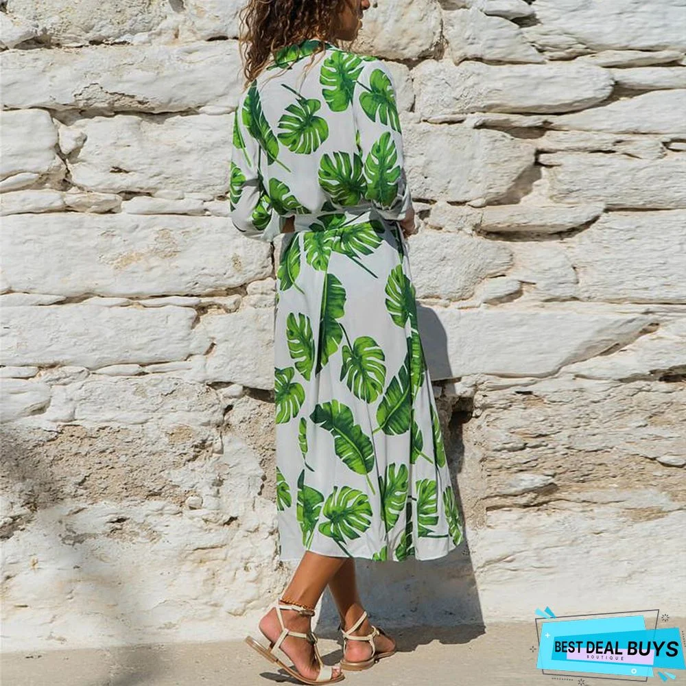 Autumn Printed Long Sleeve Lace Up Women's Dress Black Dresses