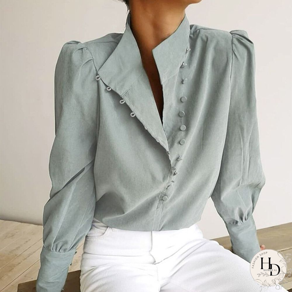 Elegant Turtleneck Blouse Long Sleeve White Shirt Office Ladies Top Casual Solid Single-Breasted Puff Sleeve Womens Blouses