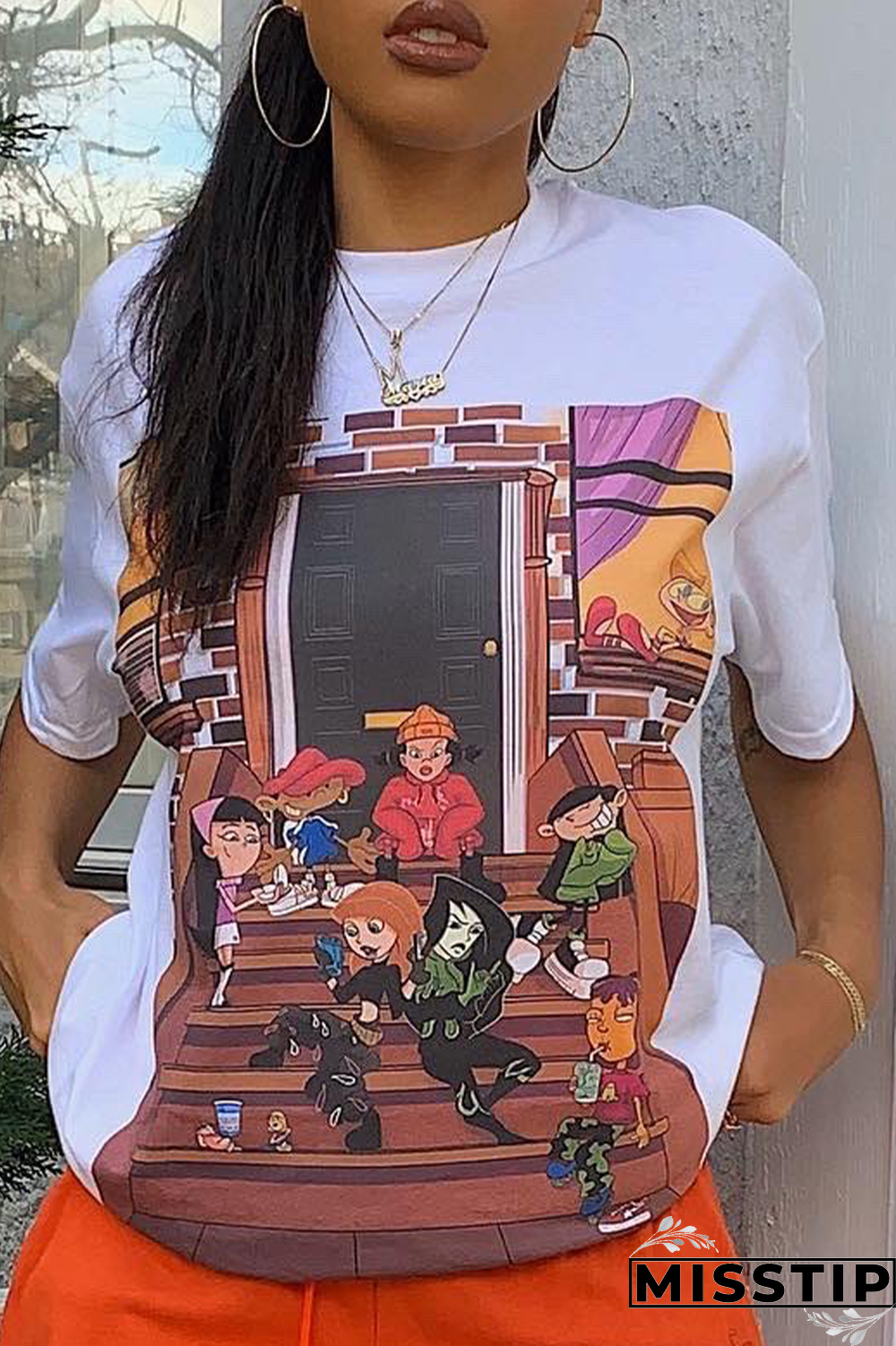 Black Fashion Street Print Patchwork O Neck T-Shirts