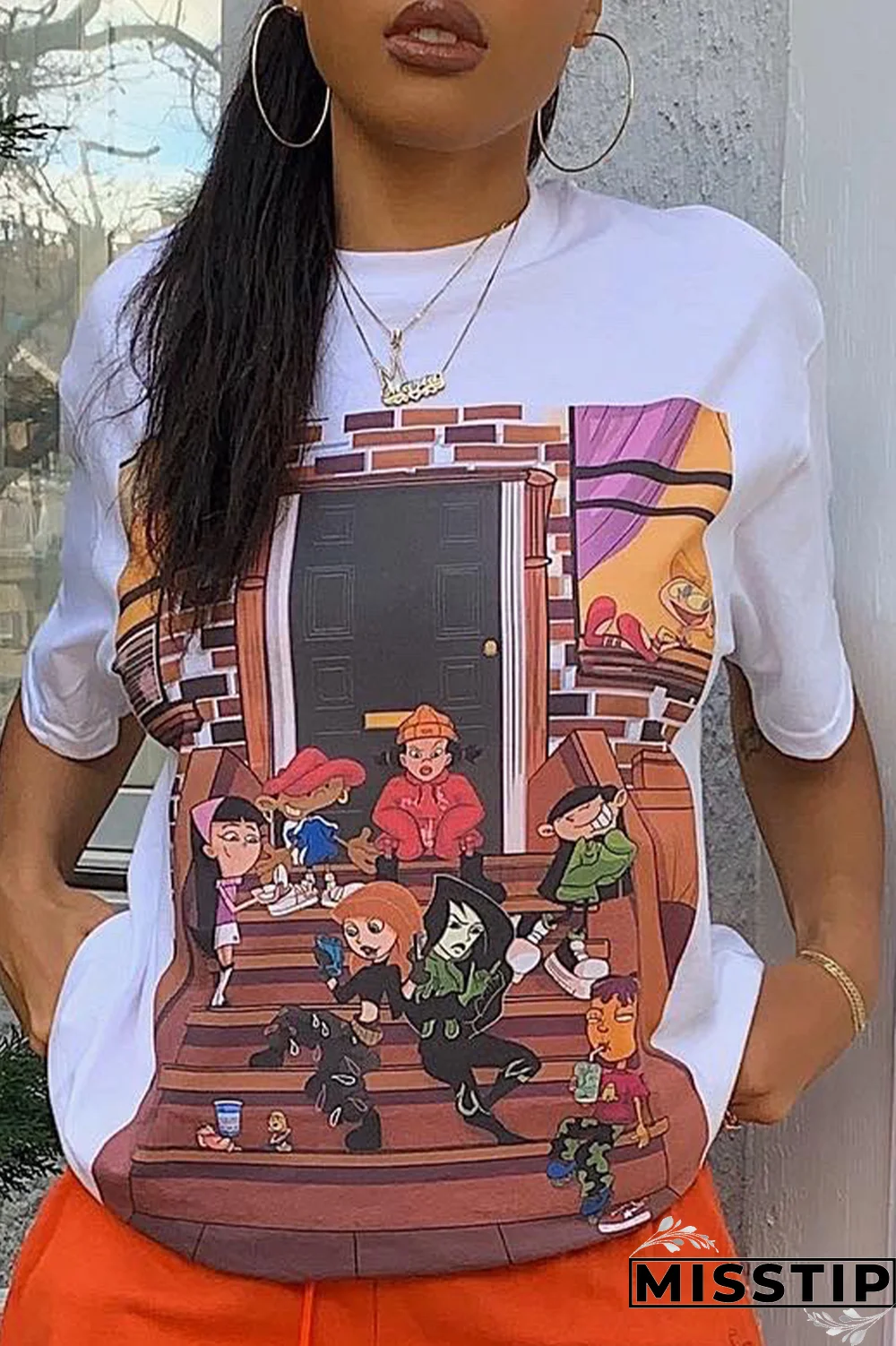 Black Fashion Street Print Patchwork O Neck T-Shirts