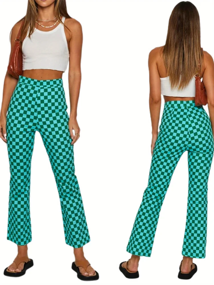 Women's Summer Casual Skinny Pants - High Waist Slim Fit Flare Leg With Teal & Black Plaid Print, Machine Washable Lightweight Comfort For Casual Attire