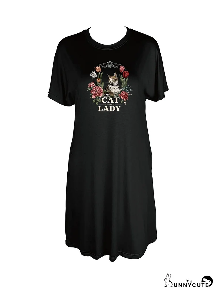 Floral Feline Charm Cat Lady Print Crew Neck Tee Dress Casual Short Sleeve Dress For Spring & Summer Women's Clothing