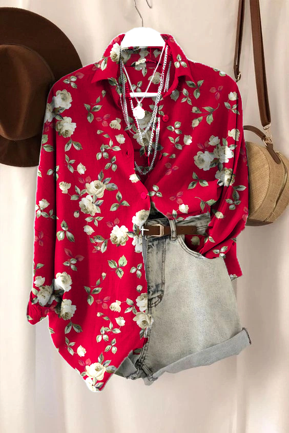 Women's Pastoral Retro Floral Long Sleeve Lapel Shirt Top socialshop