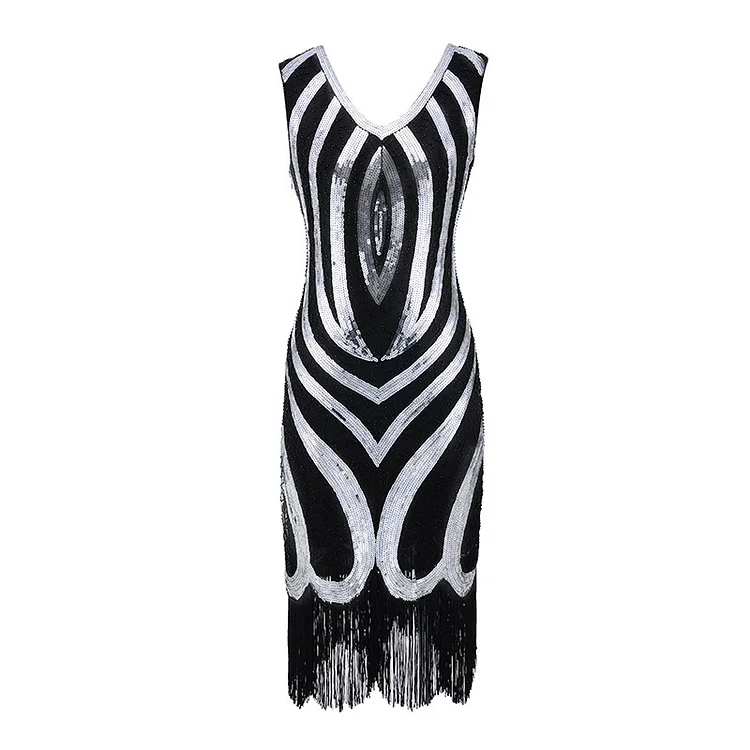 Sequin V Neck Fringe Midi Dress