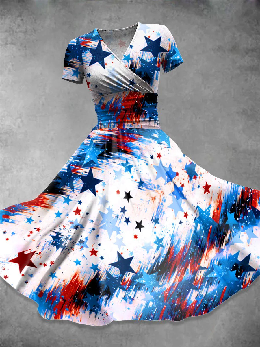 Vintage Independence Day Flag Art V Neck Elegant Chic Loose Short Sleeve Midi Dress