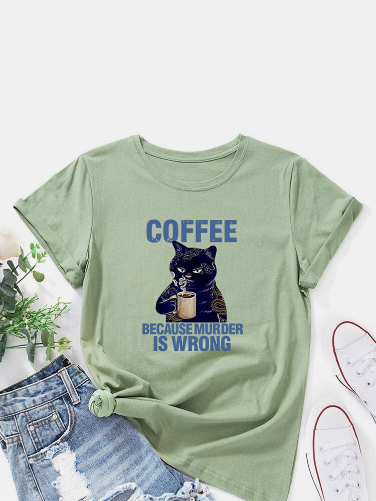 Cartoon Cat Coffee Letters Print Short Sleeve O neck T shirt P1856235