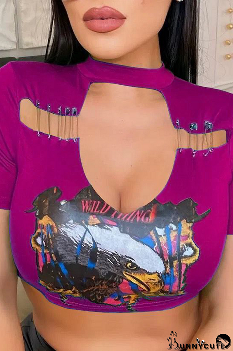 Fuchsia Sexy Print Hollowed Out O Neck T-Shirts
