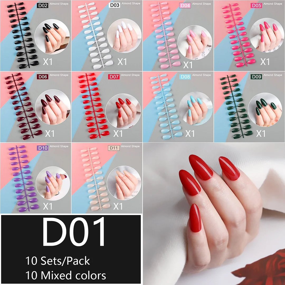 10 Sets/Pack Mixed Solid Colors Coffin Round Square Almond Shape False Nails Full Cover Nail Tips Short Fake Nails Tip Manicure-Nail Inspo