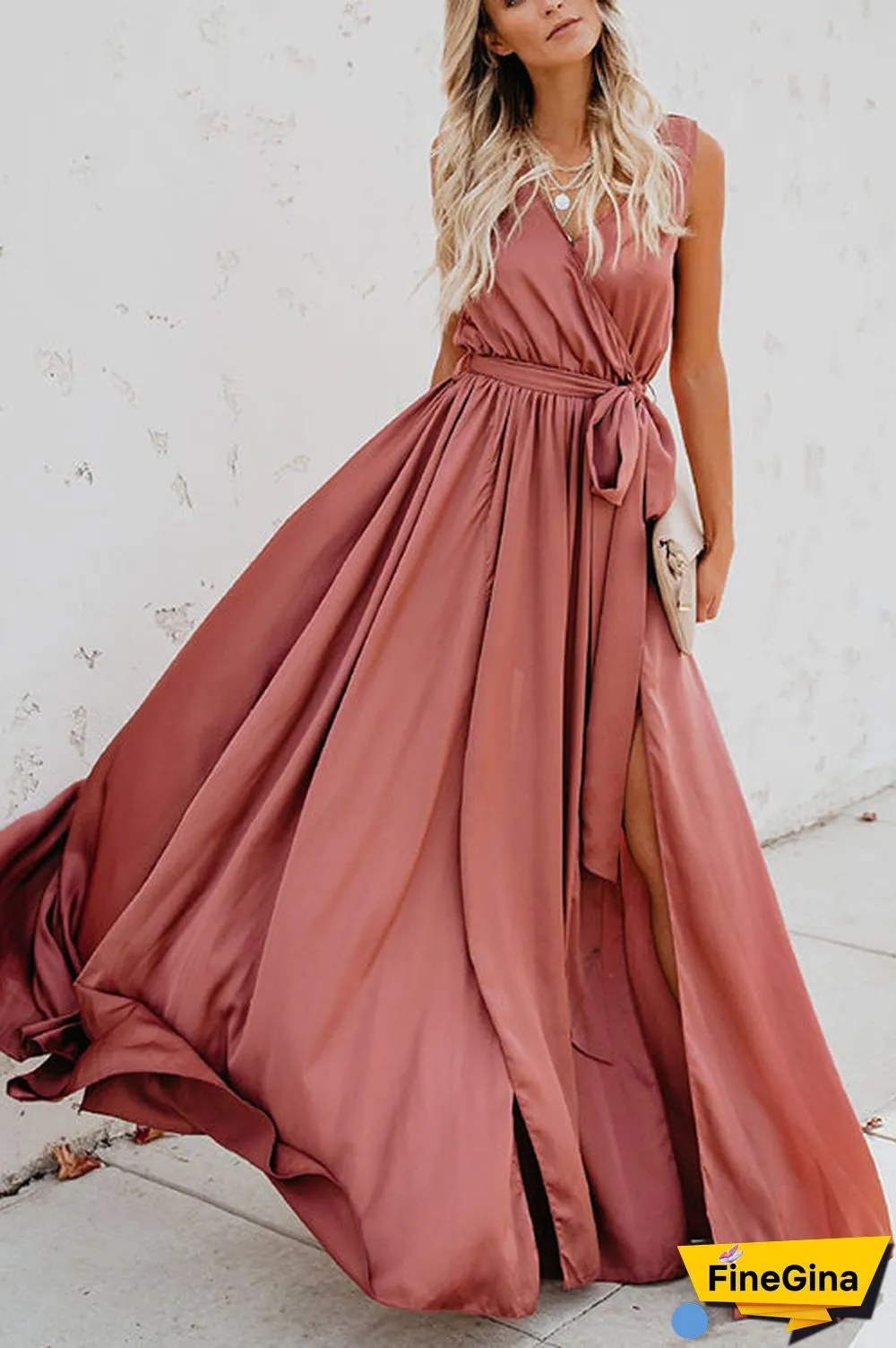 V Neck Sleeveless Slit Wrap Maxi Dress