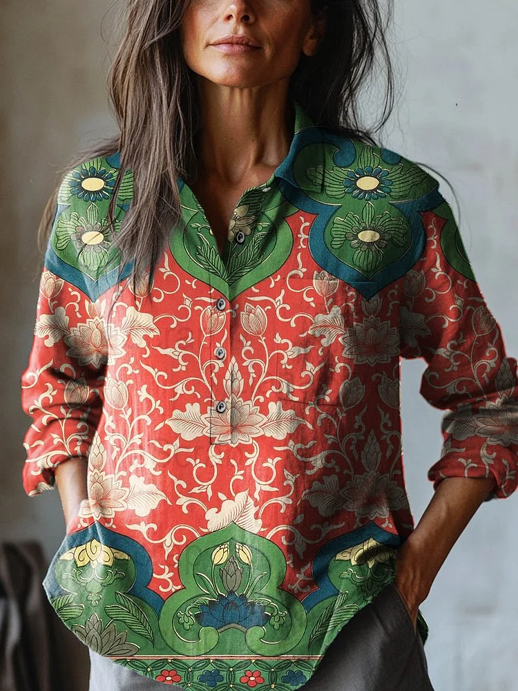 Women's Vintage Lovely Floral Art Print Casual Cotton And Linen Shirt