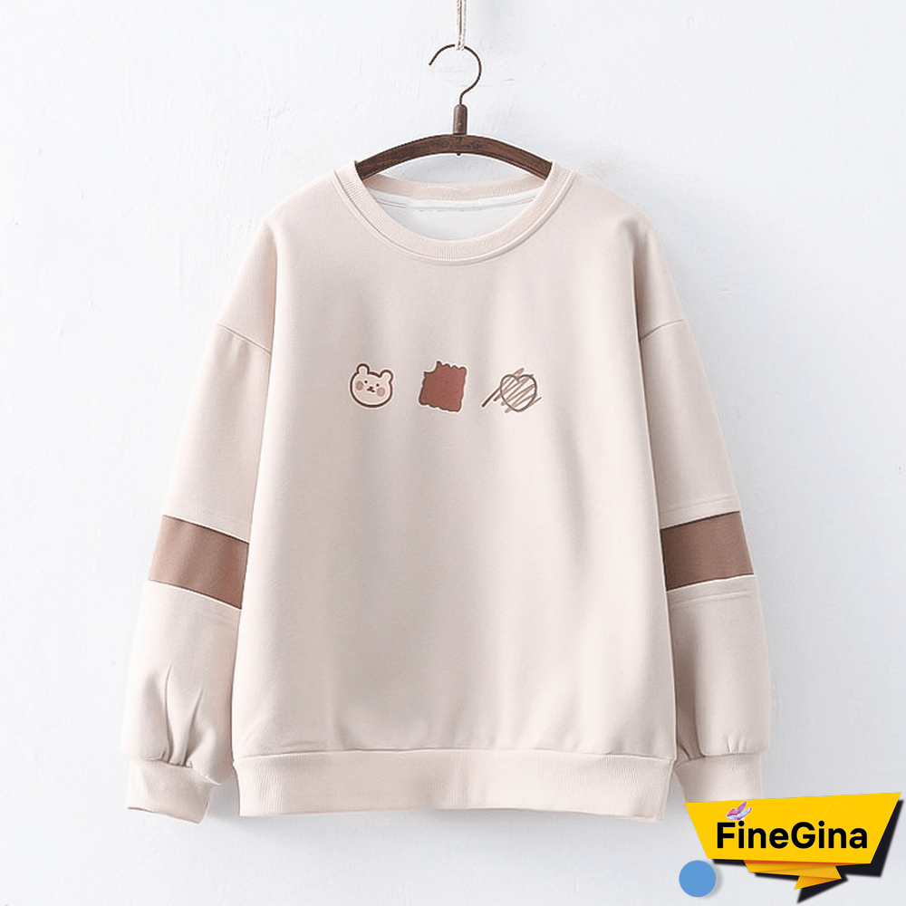 Cartoon Bear Print Round Collar Loose Sweatshirt