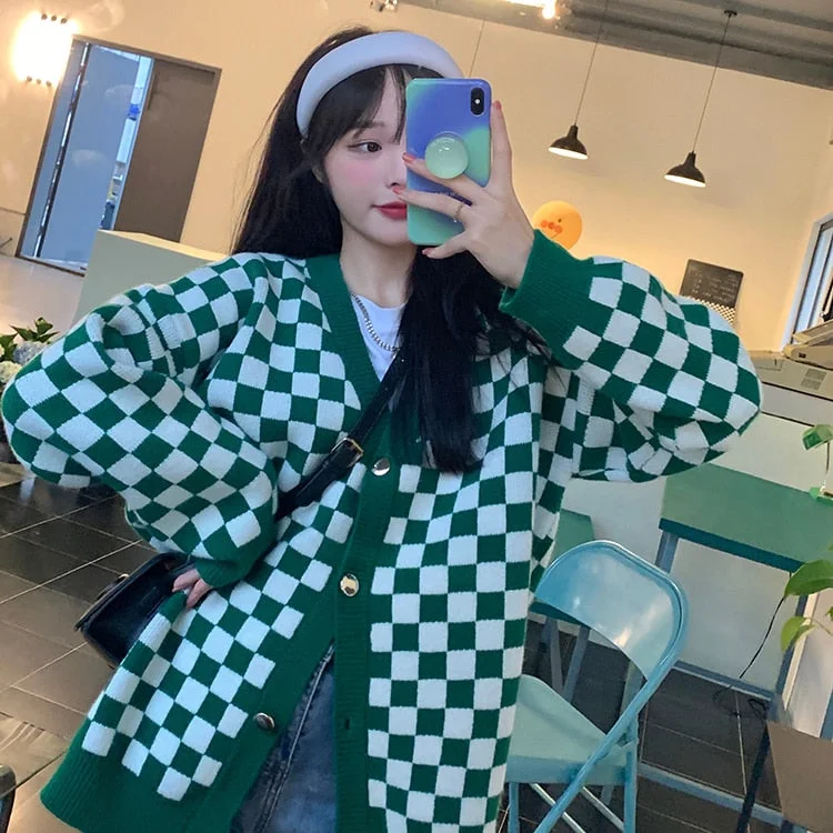 Korean Fashion Knit Sweaters Women Autumn Winter Loose France Sweet Elegant Warm Sweaters Long Sleeve Casual Plaid Cardigan 2021