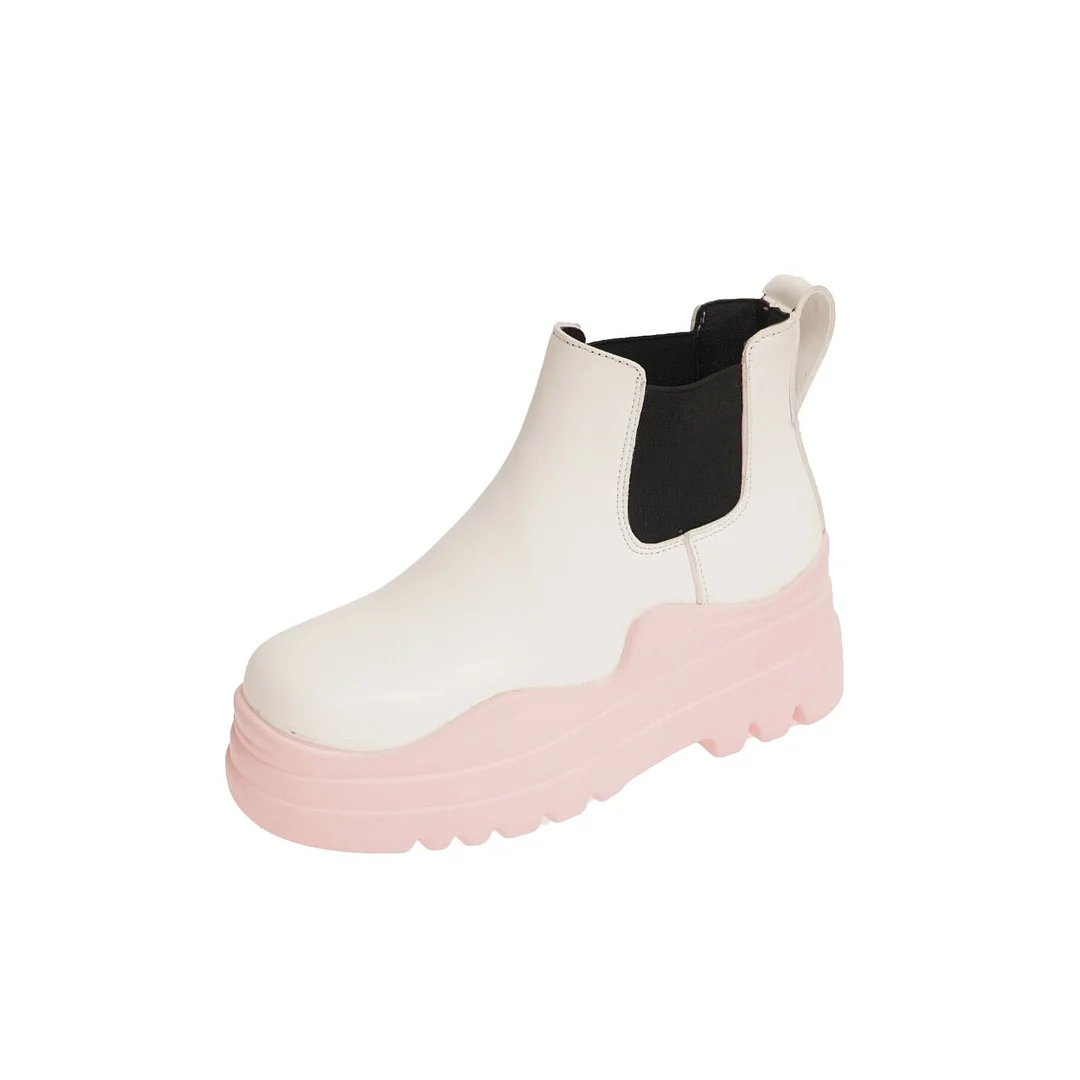 Lourdasprec New Design Pink Thick Sole Chelsea Boots Women Genuine Leather Round Toe Ankle Boots Woman Casual Motorcycle Boots Mujer 2022