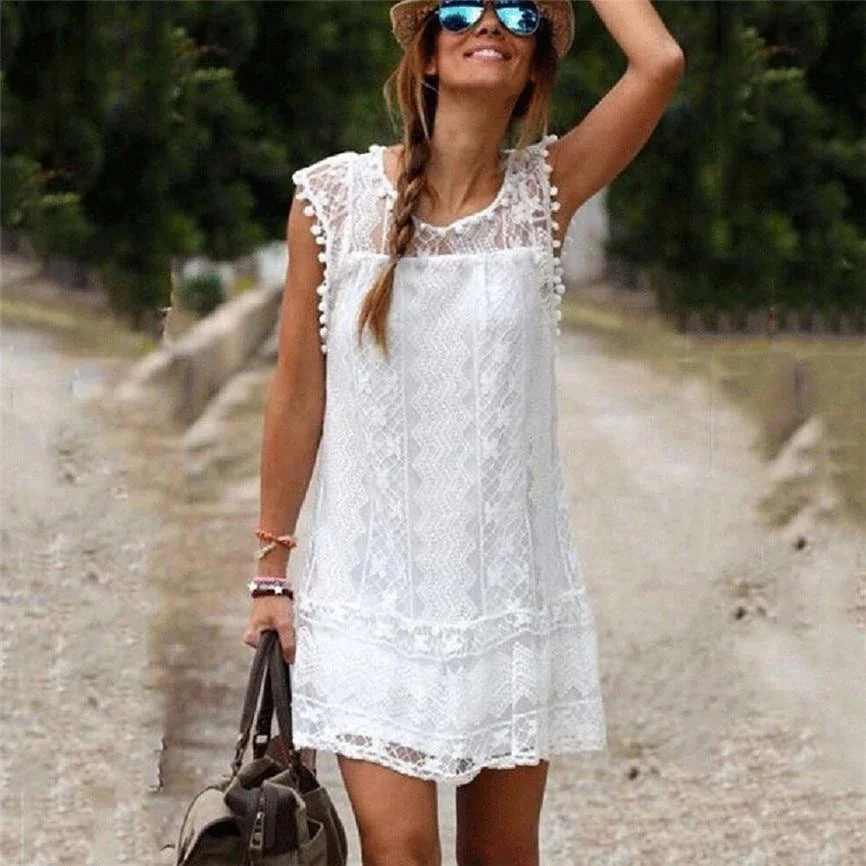 Dress O-neck Casual Lace Sleeveless Beach Short Dress White Dresses | EGEMISS