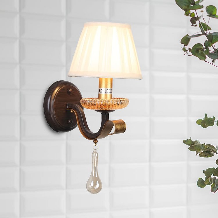 White 1/2-Bulb Wall Light Sconce Traditional Fabric Pleated Shade Wall Mount Lighting with Clear Glass Drop