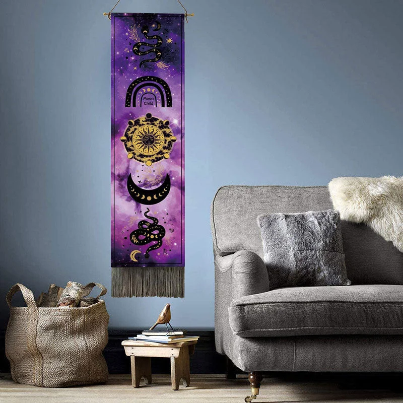 Moon Phases Tapestry Wall Art Hanging Tarot Witchcraft Tapestries HD Printing Sun Moon Tapestry Psychedelic Decor Tassel Carpet