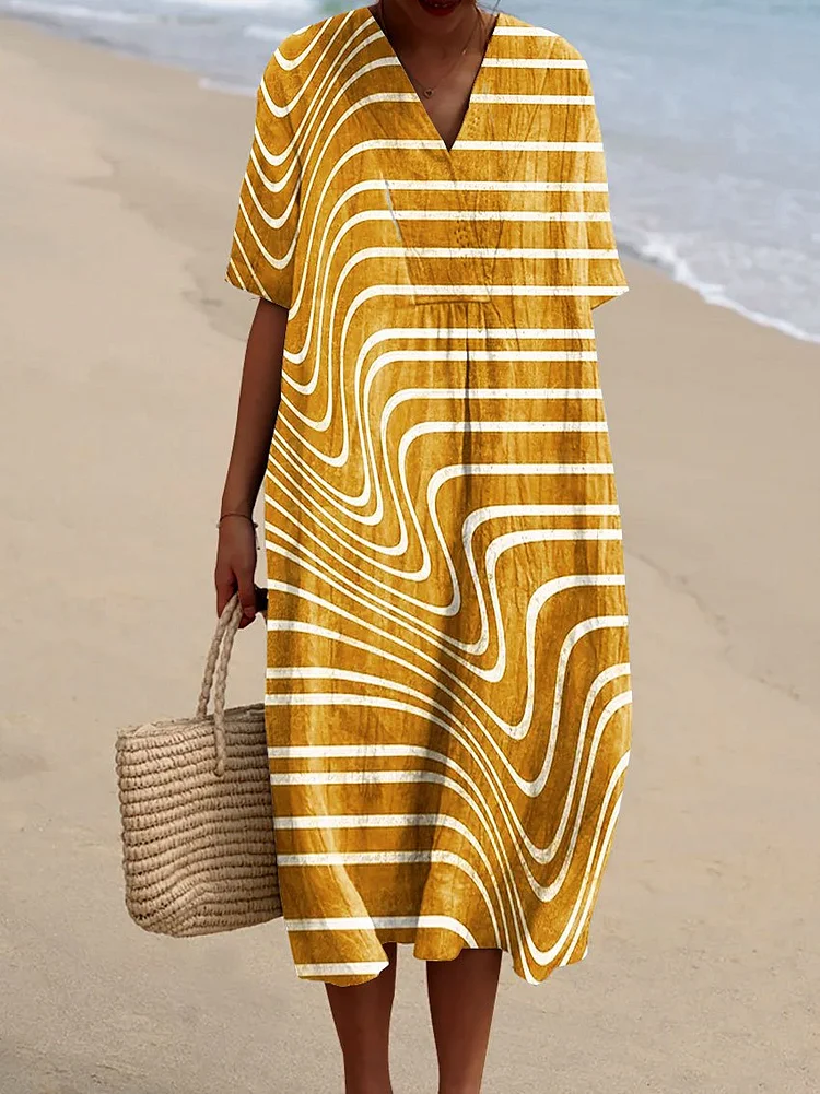 Women's Vintage Lines Stripes Abstract Art Print Flowy Dress