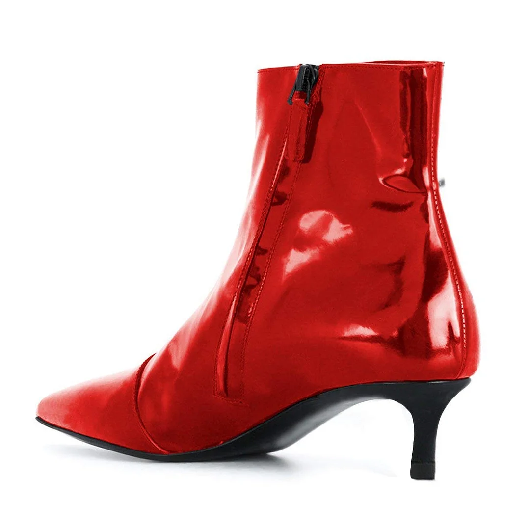 Patent Leather Pointed Toe Kitten Heel Classy Ankle Boots in Red