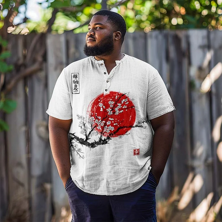 Japanese Art Sunrise Printed Mixed Linen Henry Collar Shirt