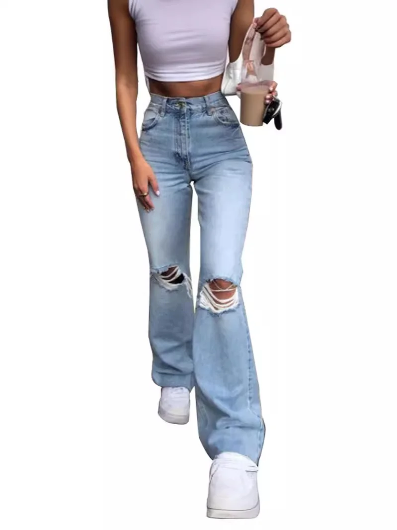 Toloer Broken Hole Slim Horn Jeans Woman-Outfit Ideas