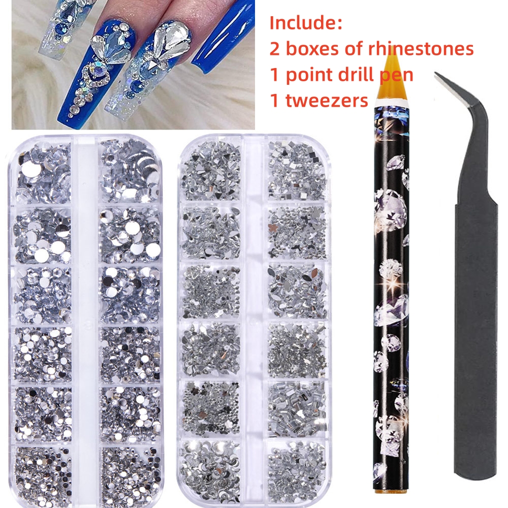 Multi-Size Nail Rhinestones Kit 3D Crystal AB DIY Nail Art Decors Diamond Gems Glitter Manicure Point Drill Pen Tweezers Tools #