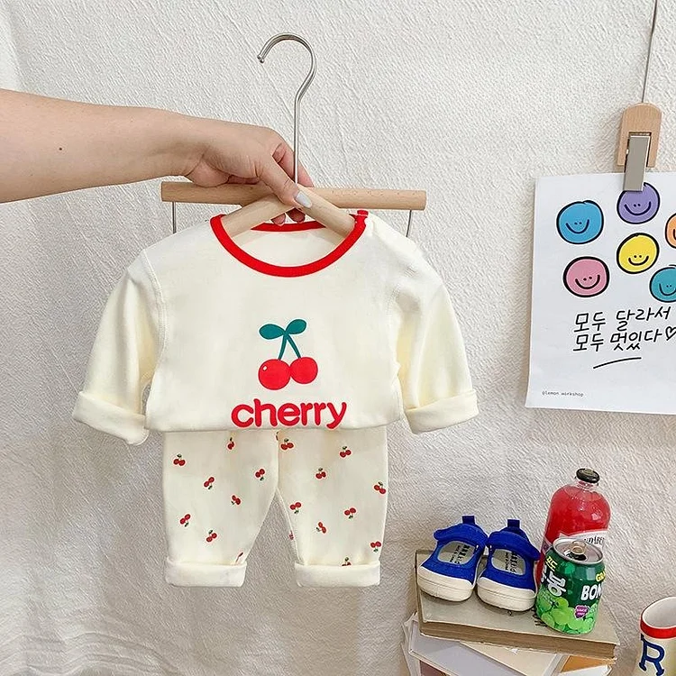 2pcs Baby Toddler Girl Cherry Print Long Sleeve T-shirt & Pants Set