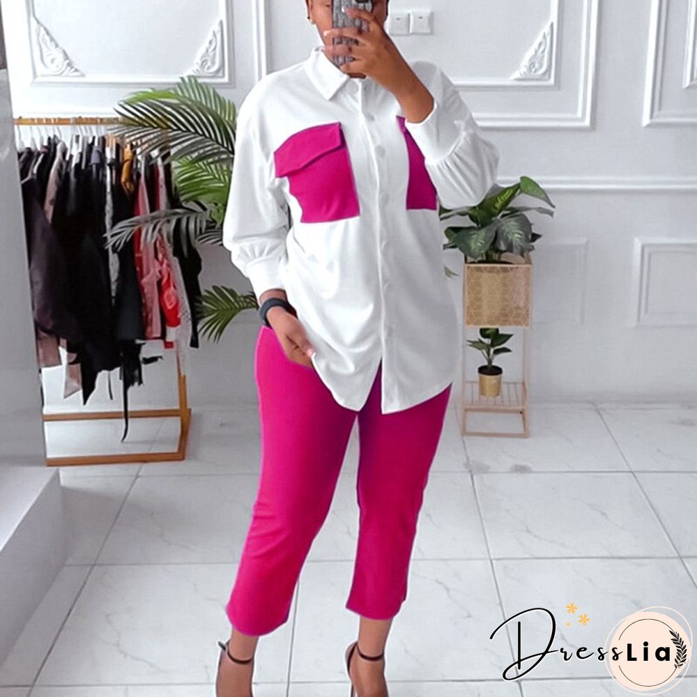Fashion Contrasting Colors Patchwork Set 2pc Set Autumn Lapel Button Shirts & Slim Long Pants Suit New Casual Office Long Sleeve