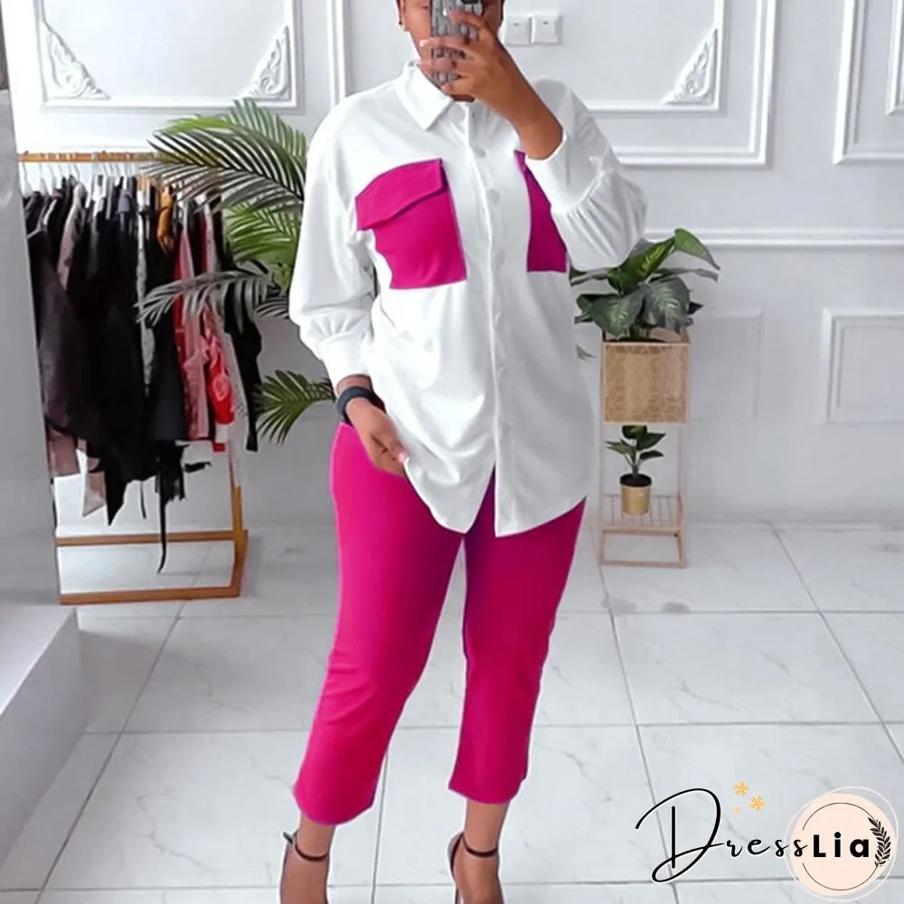 Fashion Contrasting Colors Patchwork Set 2pc Set Autumn Lapel Button Shirts & Slim Long Pants Suit New Casual Office Long Sleeve