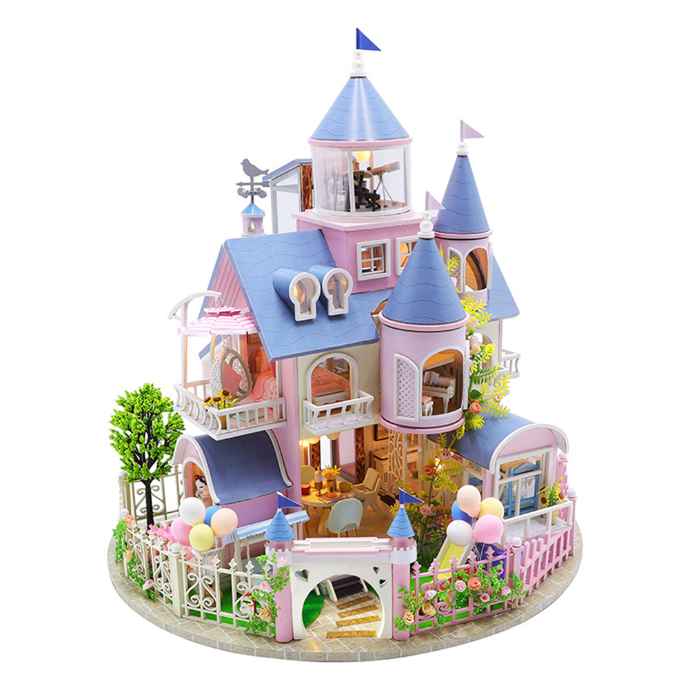 DIY Doll House Furniture Kit Miniature 3D Wooden LED Dollhouse Castle Casa