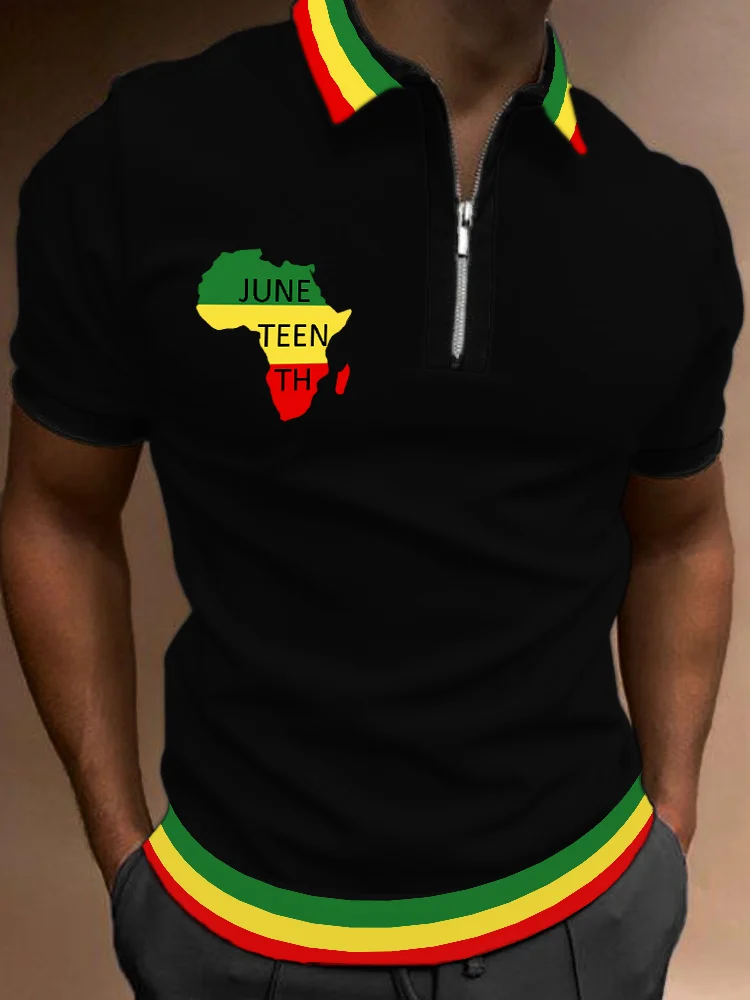 BrosWear Men's Juneteenth Africa Map Rasta Stripe Polo Shirt