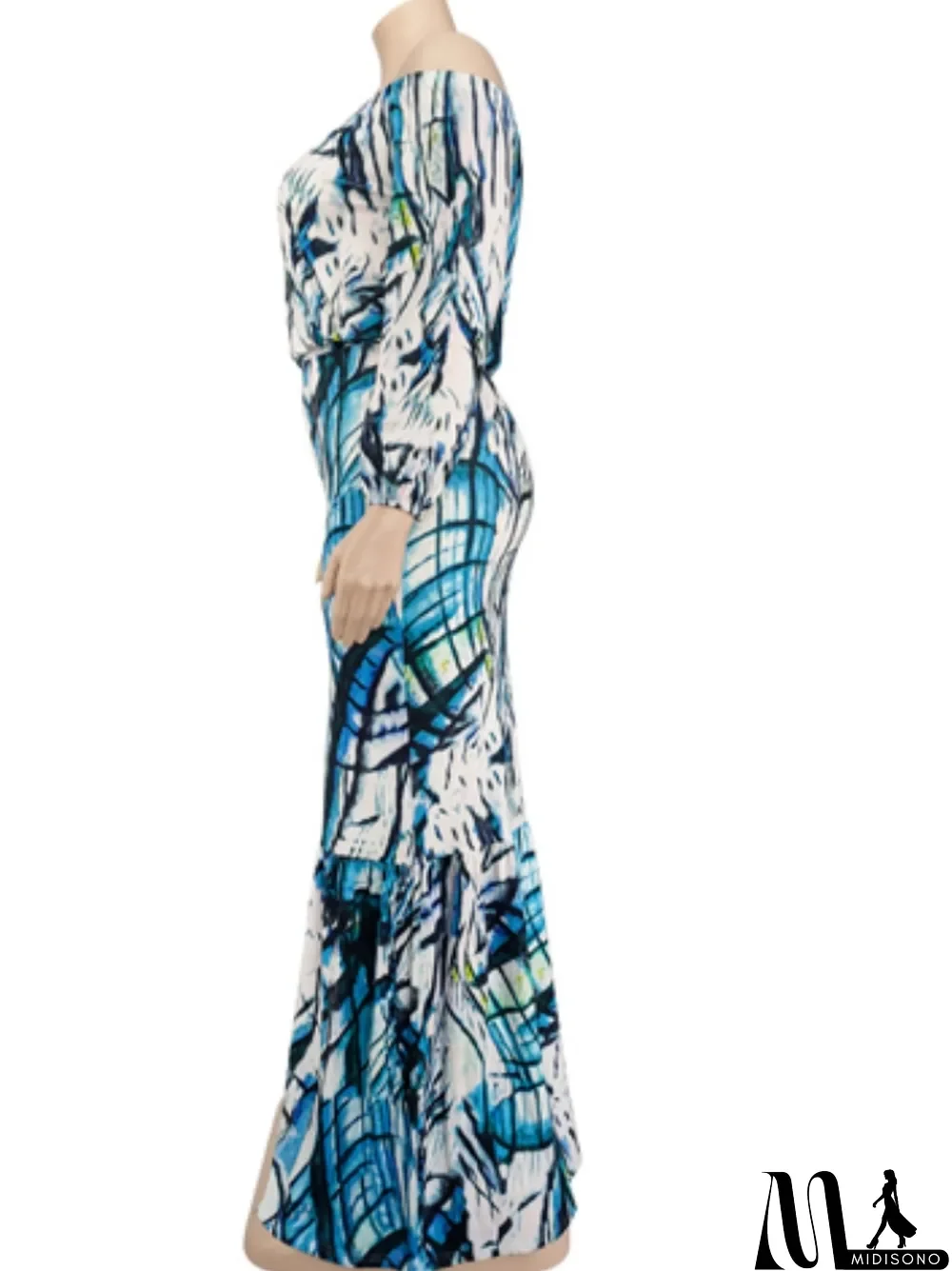 MidiSono - Autumn Plus Size Printed White Off Shoulder Puff Sleeve Long two piece skirt set