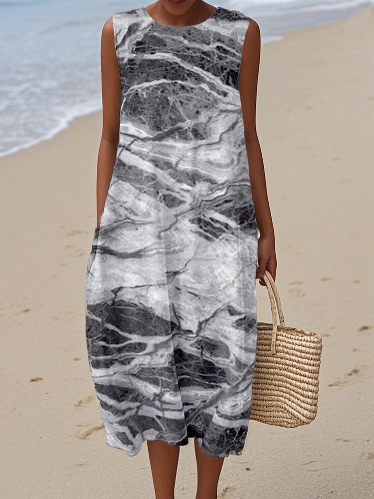 Women's  Marble texture Print Cotton and Linen Dress