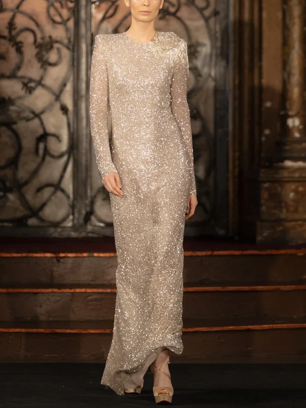Round Neck Sequined Long Sleeves Maxi Dress