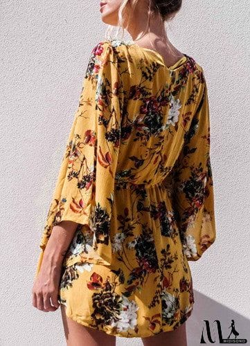 MidiSono - Deep V Neck Floral Print Half Sleeve Romper