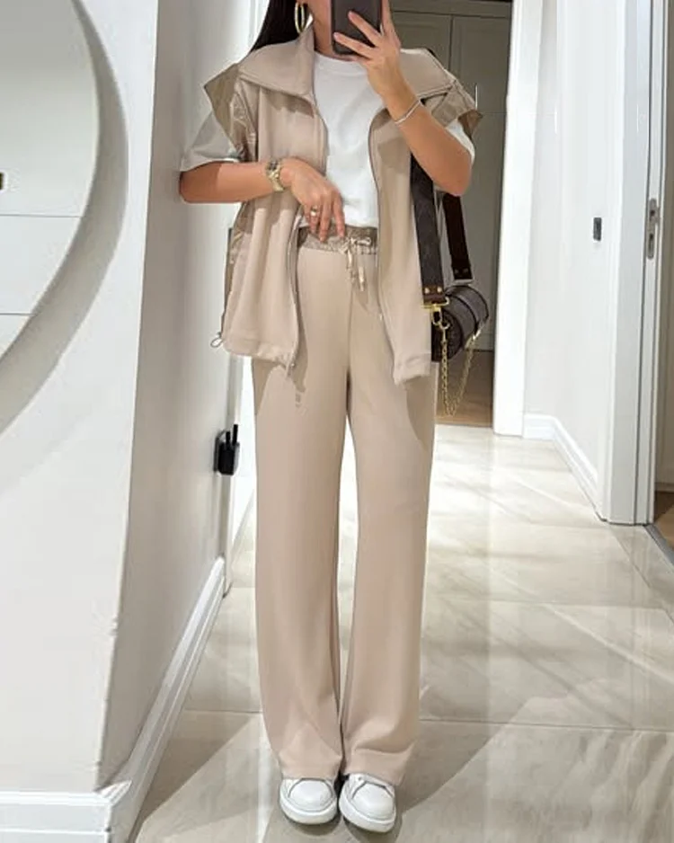 Sleeveless solid color casual two-piece suit (without inner wear)