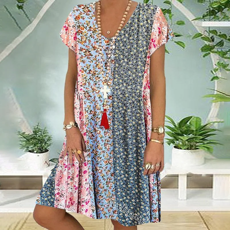 Floral Print V-Neck Short Sleeved Casual Midi Dress