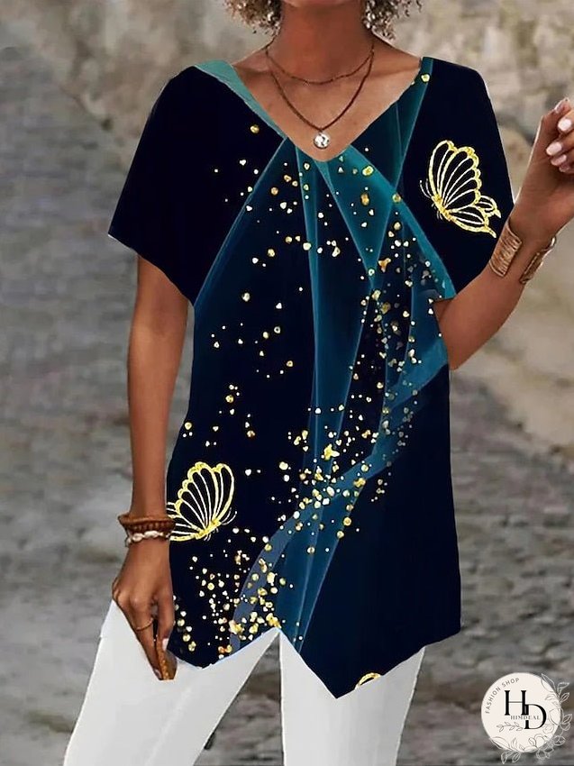 Blouse Black Yellow Blue Graphic Butterfly Asymmetrical Print Short Sleeve Daily Weekend Basic V Neck Regular Butterfly Painting S for Women