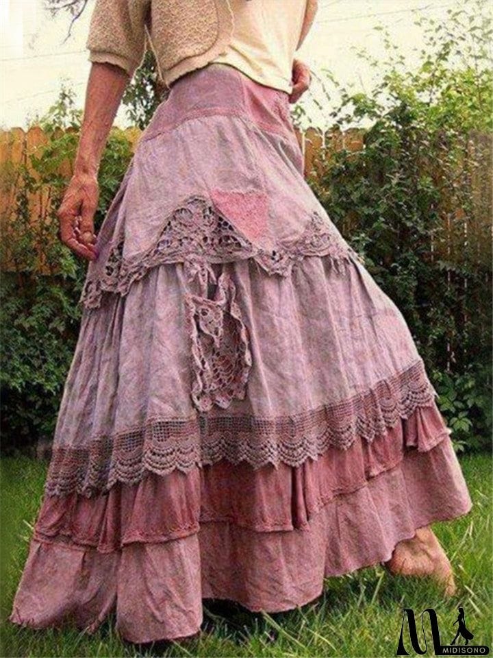 MidiSono - Vintage Patchwork Lace Cake Long Skirt