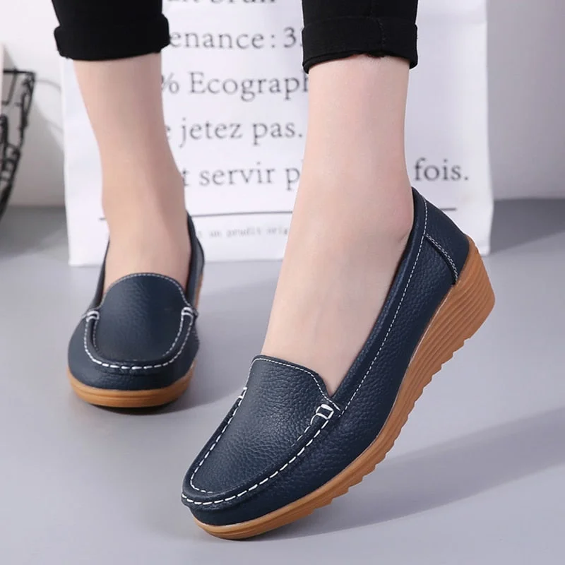 Women Flats 2022 Spring Summer Shoes Women Heels 4.3CM Genuine Leather Chaussures Femme Casual Women Loafers Ballet Flat Shoes