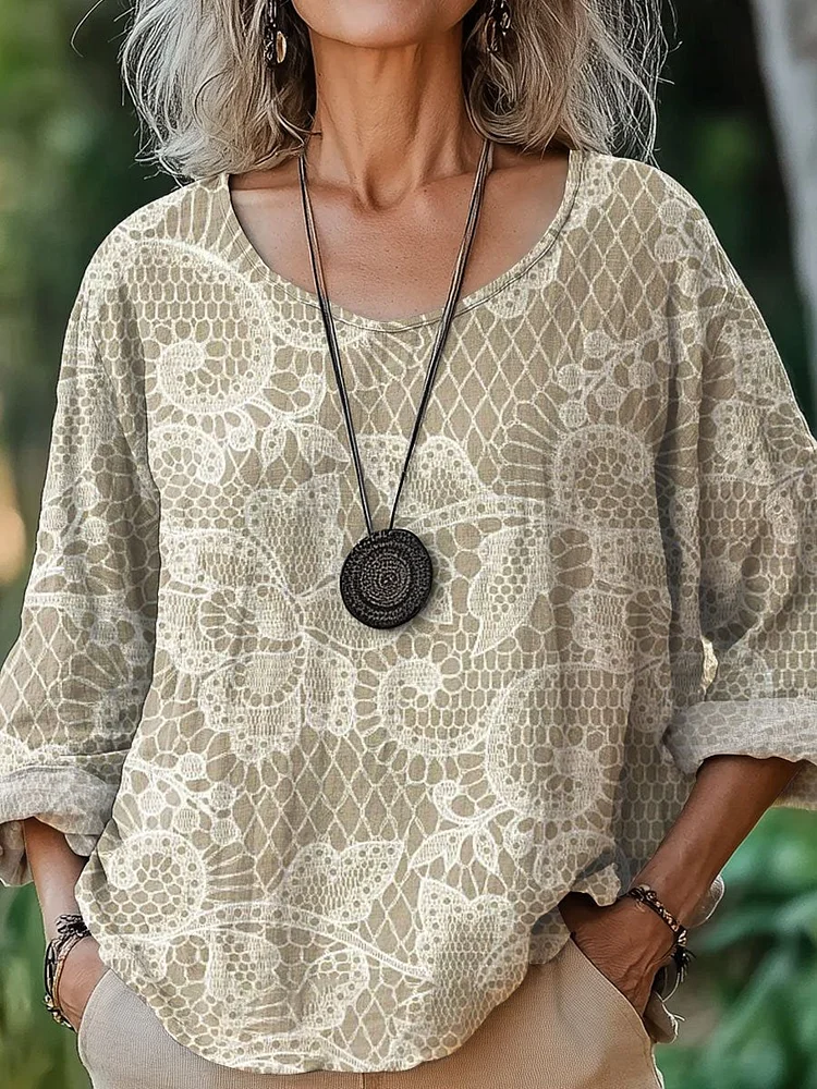 Women's Lace Texture  Art  Print Casual Cotton And Linen Shirt