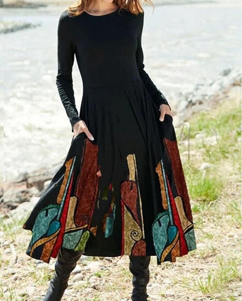 round neck printed long-sleeve maxi dress