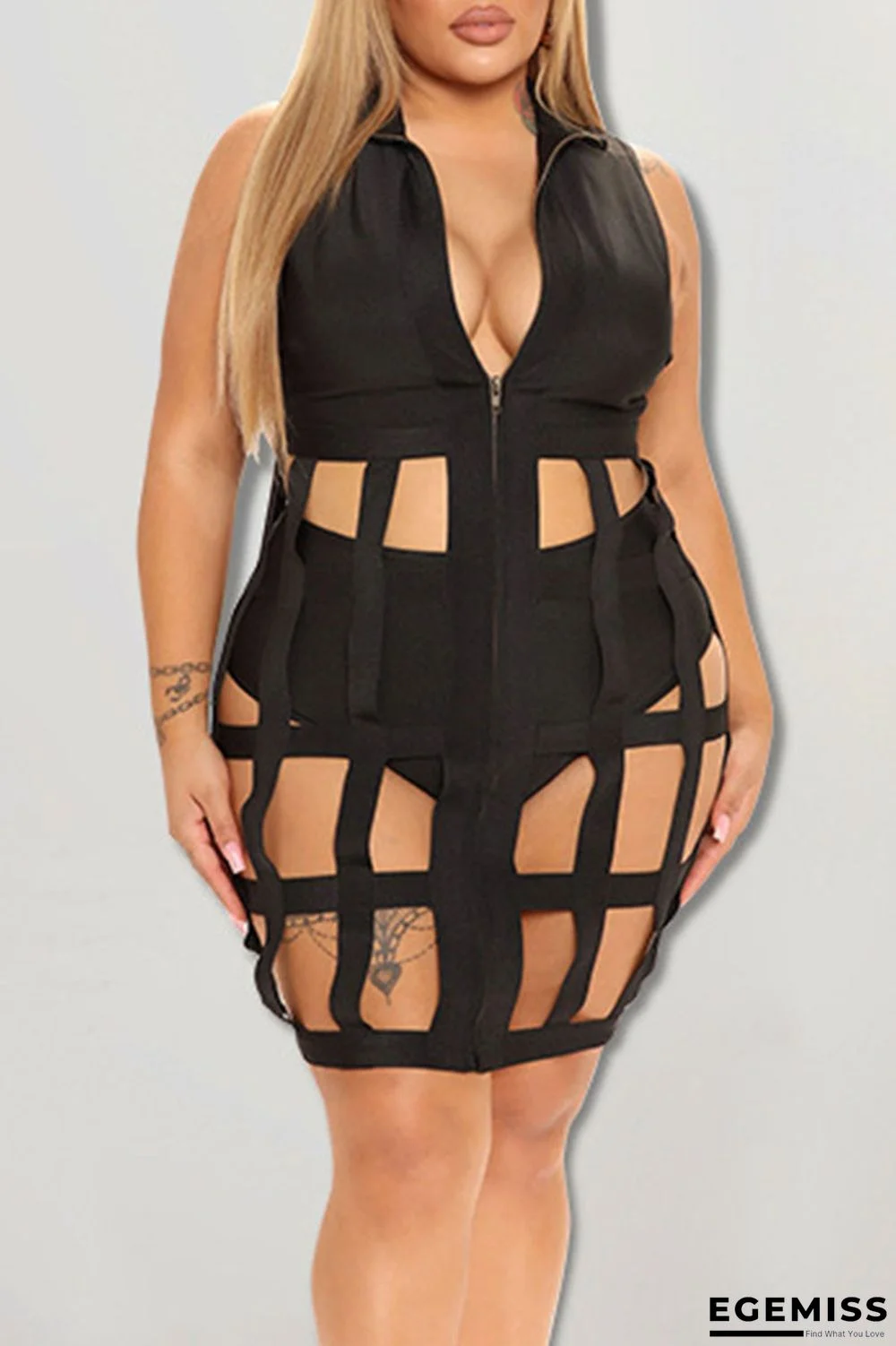 Black Sexy Solid Hollowed Out Patchwork Zipper Turndown Collar Plus Size Two Pieces | EGEMISS