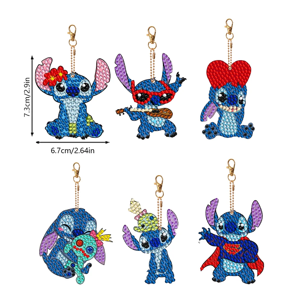 6pcs DIY Stitch Diamond Keychains Pendant Double Sided Diamond Art Keychains