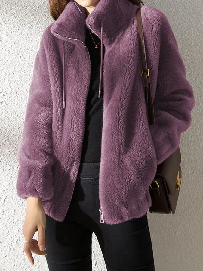 Casual Solid Fleece Stand Collar Zip Coat