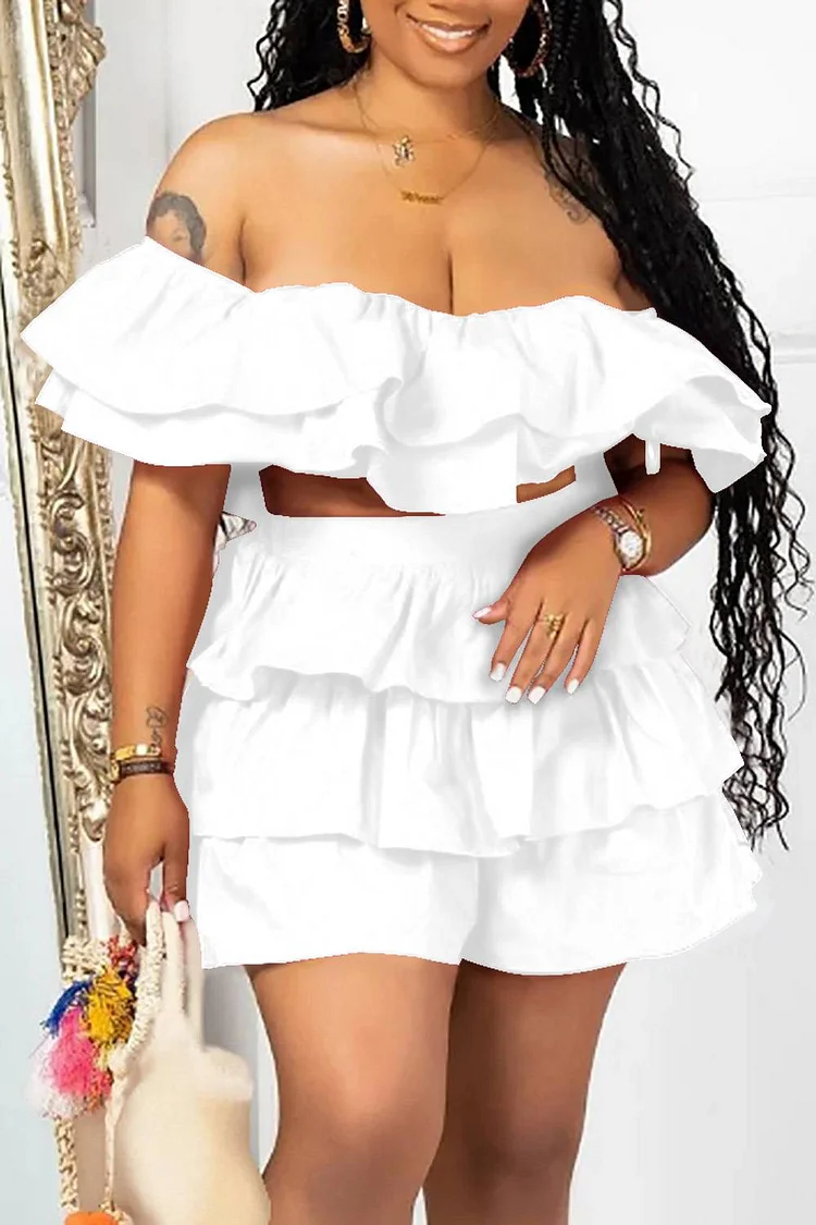 Plus Size White Casual Off  Shoulder Overlay Ruffle Two Piece Short Sets [Pre-Order]