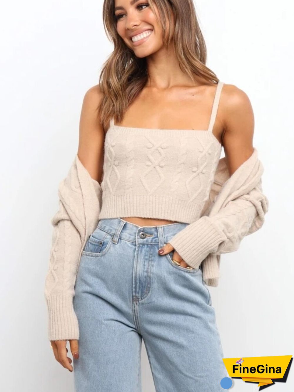 Autumn Winter New Sweater Set Women's Loose Knit Cardigan Coat Suspender Two-piece Set Temperament Commuter Clothing Cardigans