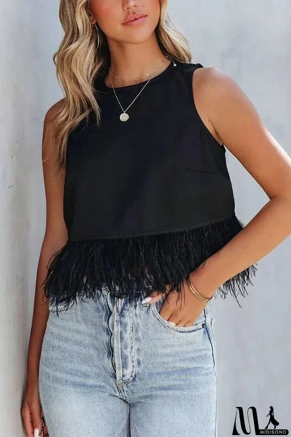 MidiSono - Eternally Glitzy Feather Trim Crop Tank Top