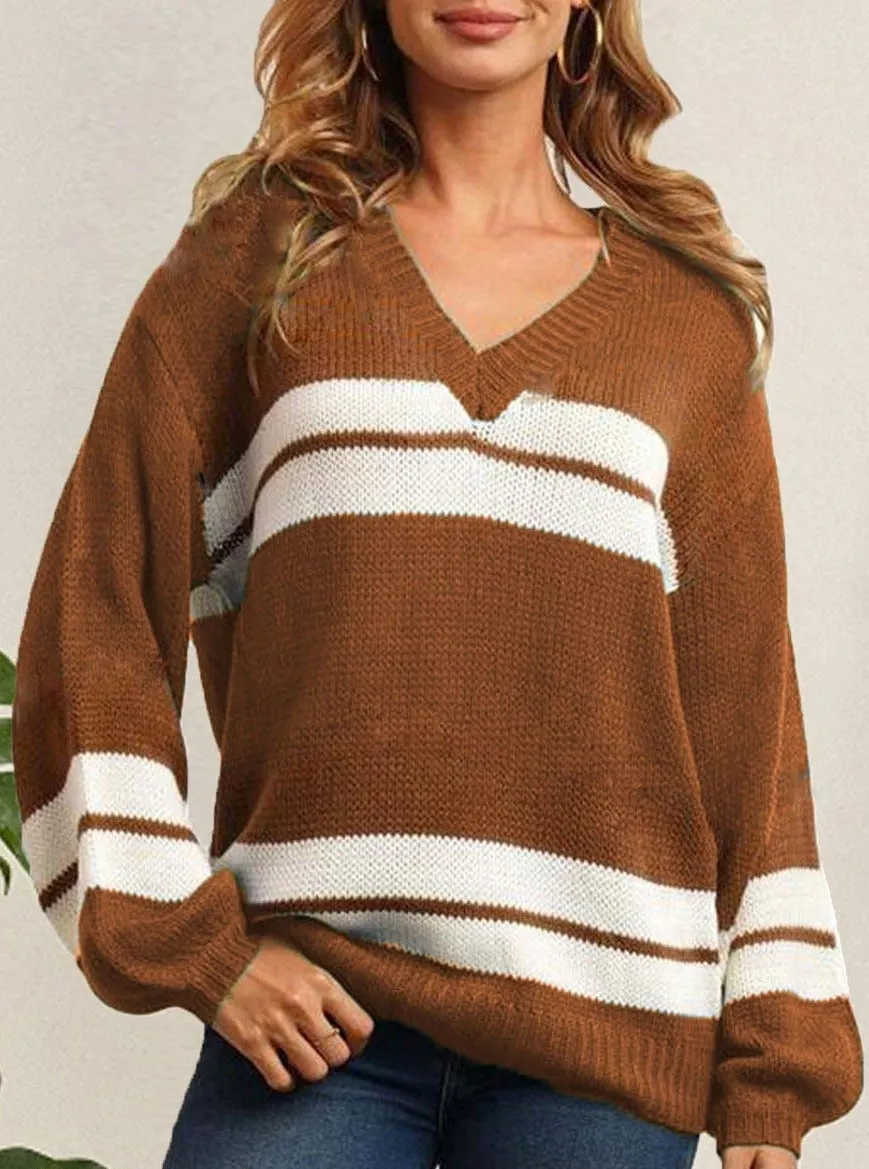 V-neck Loose Casual Striped Sweater Pullover